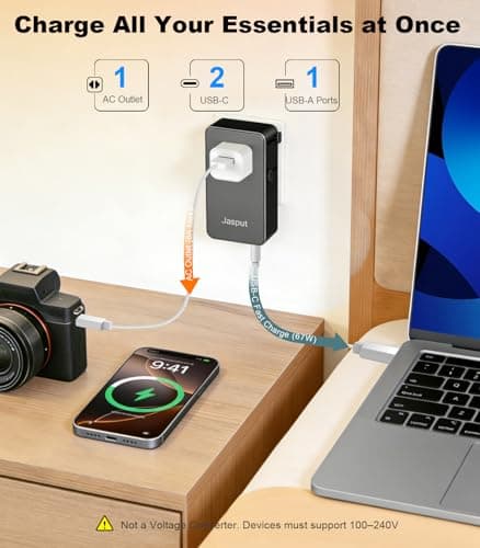 Jasput Universal Travel Adapter, 2026 Ultra-Slim Mini International Plug Adapter with 2 USB-C & 1 USB-A, PD 67W Fast Charging, 1 AC Outlet,Compatible with EU/UK/AU/Asia, Travel Essentials - Thumbnail 2