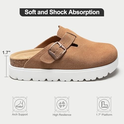 Brelzo Calvior Women's Platform Suede Clogs Slip-On Mules Non-Slip Potato Shoes Sandals with Arch Support Adjustable Buckle Chestnut - Thumbnail 4