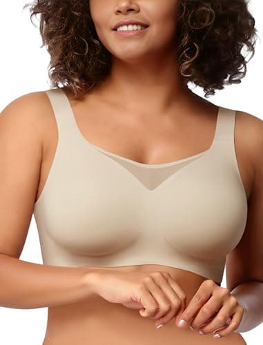 Easybunny Wireless Bras for Women Seamless Supportive V Mesh Bralette Minimizers Comfortable Tshirt Bra for Older Women Beige 3XL - Image 1