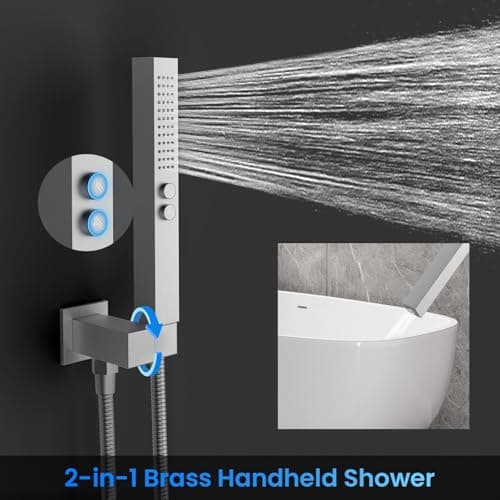 Orovessina Shower Faucet Set, 12" Ceiling Mount Rainfall Shower System with 2 Rain Shower Heads, 2-in-1 Handheld, Solid Brass Pressure Balancing Shower Valve and Trim Kit, Brushed Nickel - Thumbnail 5
