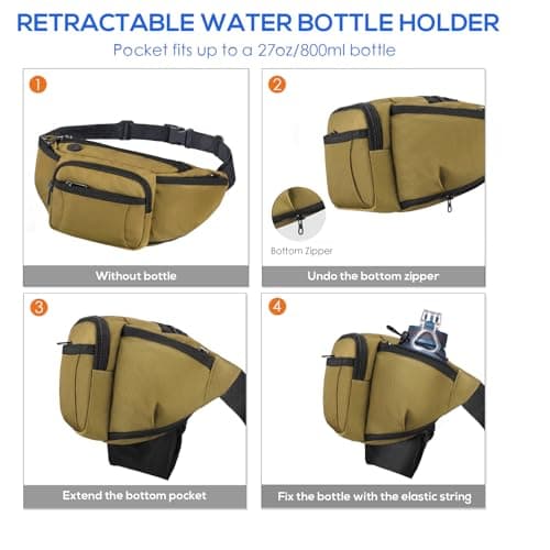 NOOLA Fanny Pack Waist Bag for Men Women, Lightweight Waist Pack with Water Bottle Holder, Adjustable Belt Bag with Multi-Pockets for Hiking, Dog Walking, Outdoor, Cycling, Running, Travel, Khaki - Thumbnail 2