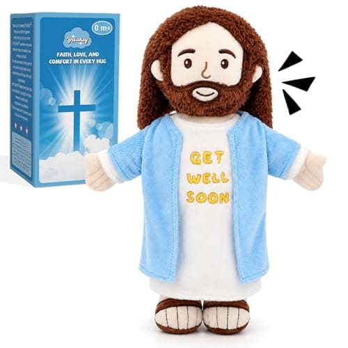 Yelakey Jesus Plush Speaking Doll with 25 Bible Verses & 5 Songs, Jesus Stuffed Get Well Soon Gifts Christian Comfort Toy for Christmas, Easter, Recovery Wishes (Blue Brown)