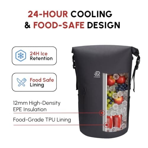 RIVONOVA Roll Top Closure Cooler Backpack for Dad Kayaking Beach Paddle Boarding Watersports, Premium 24 Hours Insulated Leak Proof Zipperless Soft Cooler for Men for Fishing, 35L Black - Thumbnail 2