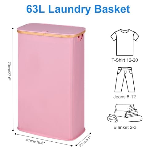 efluky Slim Laundry Basket with Lid, Narrow Laundry Hamper with Removable Bag, Skinny Dirty Clothes Basket with Bamboo Handles for Bathroom, Bedroom & Laundry Room, 63L Pink - Thumbnail 5