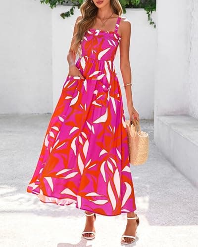 PRETTYGARDEN Womens Summer Dresses 2026 Casual Spaghetti Strap Ruffle Smocked Flowy Floral Spring Maxi Dress with Pocket(Rose Red Orange Floral,Small) - Thumbnail 2