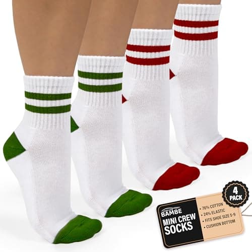 Forever Bambe Retro Mini Crew Socks for Women - Quarter Crew Socks Women 4 Pack Striped White with Red/Green Stripes - Image 1