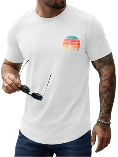 Comdecevis Mens Sunset Graphic Curved Hem T-Shirt Breathable Streetwear Short Sleeve Shirts for Summer Beach, White,2XL - Image 1