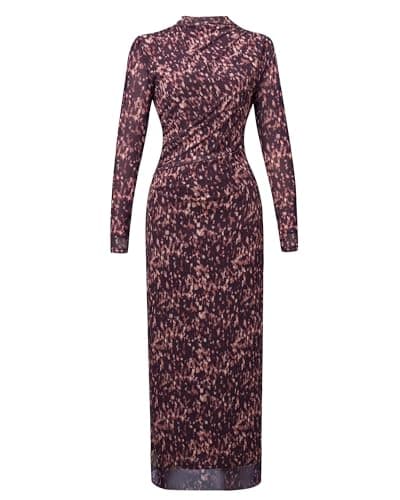 OctMoon Women’s Long Sleeve Maxi Dress High Neck Mesh Bodycon Dress with Splatter Print – Elegant Fall Italian Dress, Boho Evening Cocktail Party Dresses for Women(Dark Purple)-M - Thumbnail 4
