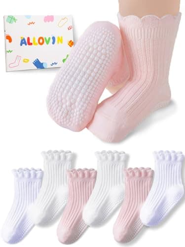ALLOVIN 6 Pairs Non-Slip Ruffle Lace Socks for Baby & Toddler Girls – Soft Cotton Grip Socks | Pure White/Off-White/Pink | 3-5 Years - Image 1