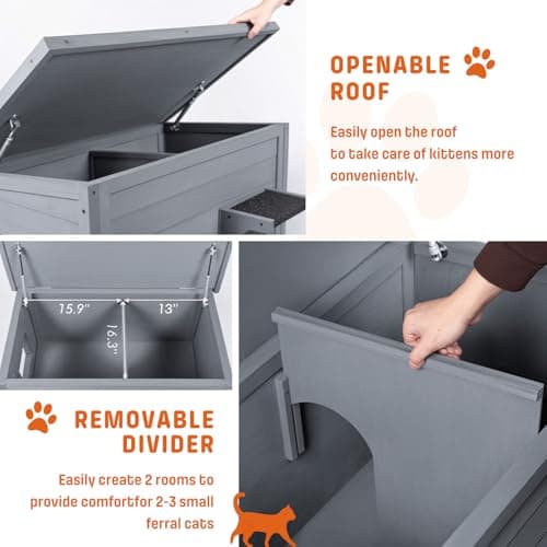 BRIOPAWS Outdoor-Cat-House-Insulated | Feral-Cat-Shelter for Winter | Weatherproof | Large Wooden Pet House for Multiple Cats | Foldable Ladder | Acrylic Side Window | Grey - Thumbnail 5