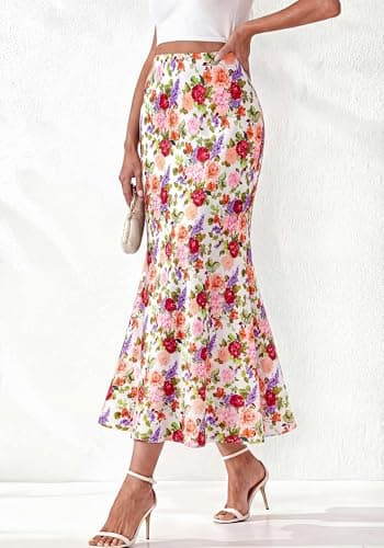 BTFBM Midi Skirts for Women 2026 Summer Spring Lightweight A Line High Waisted Wedding Guest Party Silk Long Skirt(Floral White Multicolored, Small) - Thumbnail 6