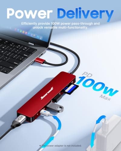 Hiearcool USB C Hub, USB-C to HDMI Multi-Port Adapter for MacBook Pro/Air, 7-in-1 USBC Dongle with 4K HDMI 100W Power Delivery SD/TF Card Reader Type-C Dock for Dell HP Lenovo Laptops-Dark Red - Thumbnail 3