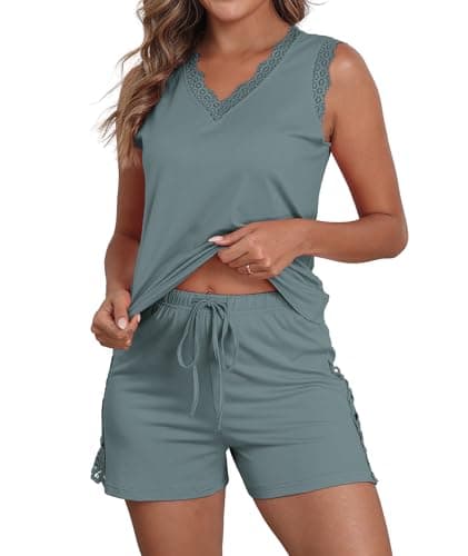 COSSEN Womens Pajama Sets Grey Blue Small Sleeveless Soft Loose Fit Cute Teen Comfy Lounge Casual V Neck Girls' Summer Sleepwear Tops and Shorts 2 Piece PJS with Pockets - Image 1