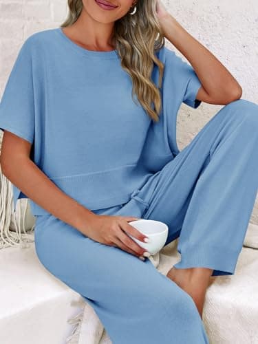 Fisoew Womens 2 Piece Outfits Sweater Sets Knit Split Crop Tops High Waisted Pants Lounge Set - Thumbnail 4