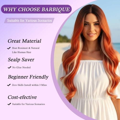 Copper Orange Lace Front Wig for Women Long Wavy Synthetic Middle Part - Thumbnail 3