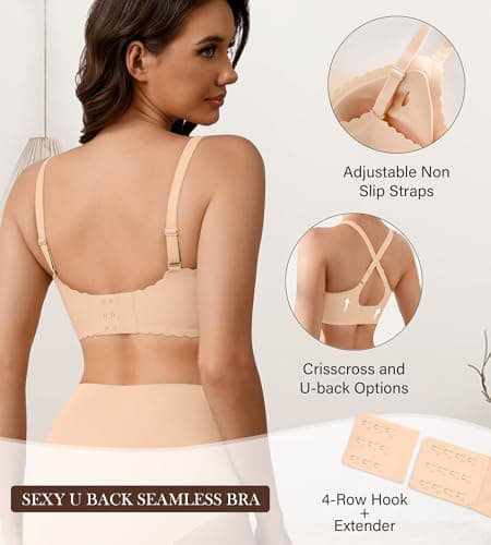 DEANGELMON Wireless Bras for Women Seamless Push Up Bralettes Scalloped V Neck Mesh Bra Tshirts Bra Comfort Everyday Bras(Skin,XXL) - Thumbnail 3