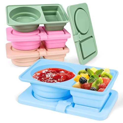 Tywop 4-Pack Silicone Reusable Snack Containers with Lids | 2 Compartment Leak-Proof Snack Bento Boxes for Kids, Portable Small Food Storage Containers for School, Office, Travel, Picnic Fruits