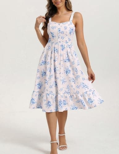 Belle Poque Floral Dress for Women Summer Wedding Guest Dresses 2026 Tea Party Dress Flowy Sundress with Pockets (Blue,M) - Thumbnail 2