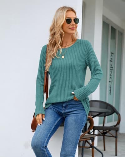 WNEEDU Long Sleeve Shirts for Womens Crewneck Pullover Sweater - Casual Lightweight Tunic Tops 2026 Fall Winter Clothes(Blue Green,2XL) - Thumbnail 3