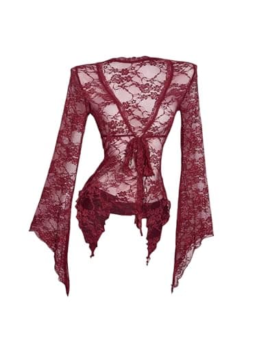 Milumia Women's Sexy Lace Bell Long Sleeve Tie Front Cardigan Sheer Mesh Y2K Rave Tops Burgundy X-Large - Image 1