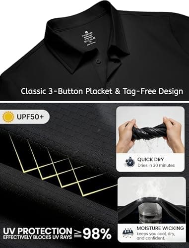 PINSPARK Moisture Wicking Polo Shirts for Men Quick Dry Golf Shirt Workout Tennis Polos Shirt Summer Collared Shirts Big 2XL Black - Thumbnail 4