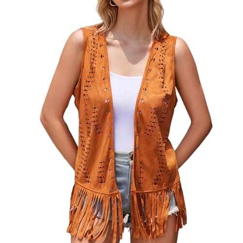 UpFind Women Fringe Tassel Vest Western 70s Cowgirl Faux Suede Sleeveless Vest - Image 1