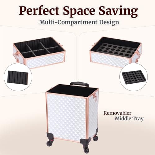 TOPACK Professional 4-In-1 Rolling Makeup Train Case, Large Makeup Travel Case with Key Shoulder Strap/Handle Cushion I Makeup Train Case Organizer I Cosmetology Case on Wheels（White Glod） - Thumbnail 5