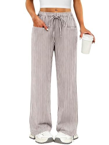 ANRABESS Womens Striped Gingham Pants 2026 Pajama Drawstring Wide Leg Lounge Plaid Pants Cute Casual Trousers with Pockets Brown White Stripe Large - Image 1