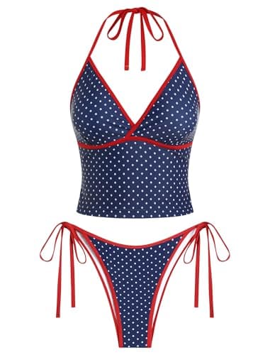 Jillumi Swim Suits for Women 2026 Halter Tankini Swimsuits V Neck Floral Printed Bikini Swimsuits High Cut Tie Side Thong Bathing Suit (Navy Polka Dots L) - Image 1