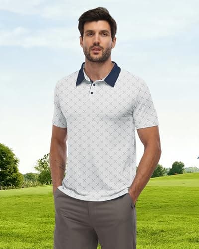 KUYIGO Mens Golf Polo Shirts Moisture Wicking Performance Short Sleeve Collared Shirt Casual Print Golf Shirts XL Print White - Thumbnail 2