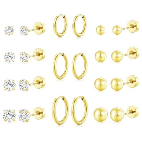 adoyi Gold Hoop Earrings for Women Stainless Steel Earrings for Sensitive Ears 14K Gold Plated Flat Back Studs Cartilage Hoops Earring for Women Lightweight Jewelry Gifts - Image 1