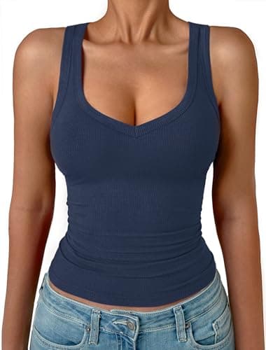 GKBK Womens Sleeveless Tank Top Form Fitting Spaghetti Strap V Neck Ribbed Knit Workout Lounge Basic Slim Fitted Crop Summer 2025 Cami Layering Casual Shirts Navy Blue XL - Image 1