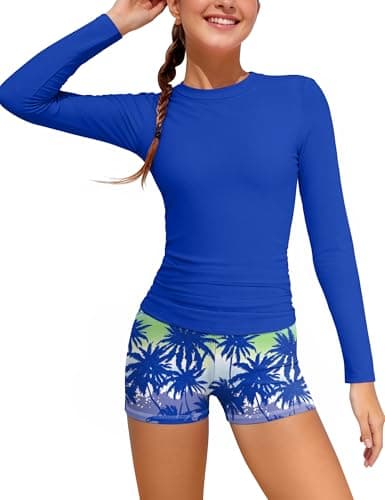 GEMLON Swimsuit for Girls 2PCS Long Sleeve Rash Guard with Palm Leaf Print Girls Bathing Suits Size 14-16 - Image 1