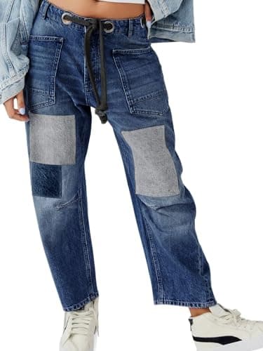 PLNOTME Womens Baggy Barrel Horseshoe Jeans Wide Leg Patchwork Low Rise Denim Pants with Pockets Navy - Thumbnail 5