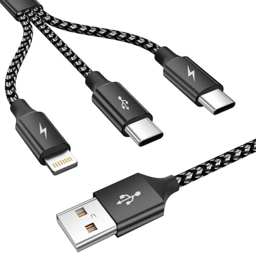 MPATIBY Multi Charging Cable,Dual Type-C Multiple Charger Cable,Nylon Braided 3 in 1 Multi USB Cable Charging Cord with IP/Type C Ports for Cell Phones/iPhone/Tablets/Galaxy & More-1Pack 5Ft - Image 1