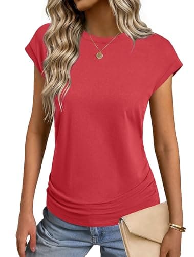 GKBK Womens T Shirts O Neck Short Cap Sleeve Cotton Tops Summer Ruched Trendy Basic Tee Shirt Red XL - Image 1