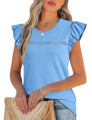 JUSTFASHIONNOW Ruffle Short Sleeve Tops for Women Blue Cute Summer Shirts Dressy Casual Blouses Crew Neck Tshirts 2026 Trendy Clothes(Blue,Large) - Thumbnail 2