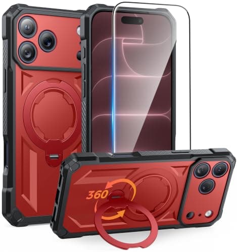 FNTCASE for iPhone 17 Pro-Max Case: [360 Spin Magnetic Ring Kickstand] [Compatible for MagSafe] [Screen Protector] Heavy Duty Military Grade Protection Protective Phone Case with Stand Red