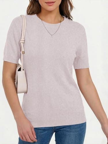 LaGracia Short Sleeve Sweater for Women Wool Blend Crewneck Business Casual Pullover Lightweight Sweaters Apricot S - Thumbnail 3