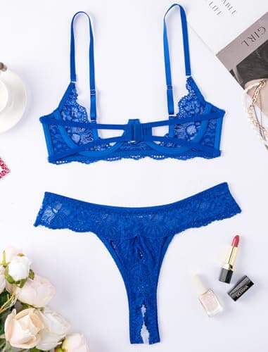 Avidlove Sexy Lingerie Set for Women Lace Bra and Panty Sets Underwire Push Up Lingerie Royal Blue S - Thumbnail 4