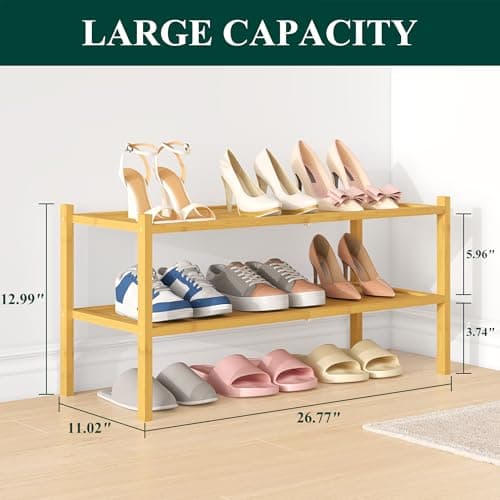 Smiry Bamboo Shoe Rack, 2 Tier Shoe Organizer for Entryway & Closet, Stackable Free Standing Storage Shelf for Shoes, Bags & Plants, Natural - Thumbnail 2