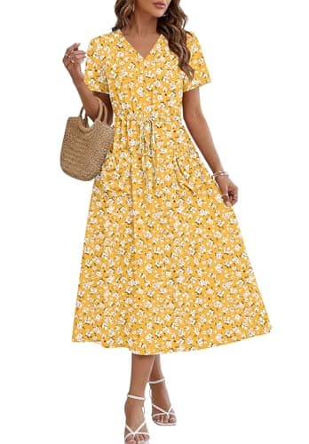 MOLERANI Women Summer Maxi Dress Casual Drawstring Long Dresses Wedding Guest Dress Elegant Classy Dress with Pockets, Yellow Flower, M - Image 1