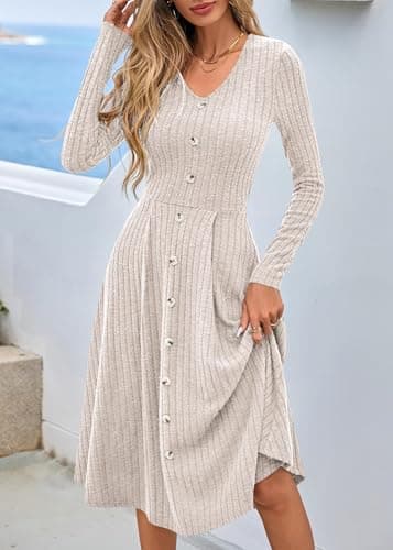 Lazysmile Long Sleeve Fall Winter Dresses for Women V Neck Button Down A Line Swing Casual Knit Sweater Dress Apricot - Thumbnail 4