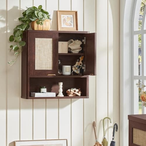 LEYAOYAO Rattan Bathroom Wall Cabinet, Boho Medicine Cabinet with Adjustable Shelf & Doors, Over The Toilet Storage Cabinets Organizer for Laundry Room, Kitchen, Living Room, Walnut - Thumbnail 5
