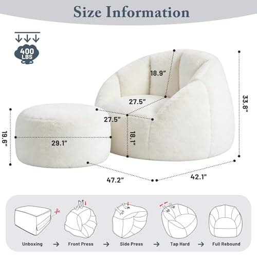 Oversized Bean Bag Chair with Footstool for Adults and Kids, Giant Fuzzy Accent Reading Chair with Ottoman Pouf, Lounge Chair Chaise Indoor, Faux Fur Round Large Floor Sofa Couch for Game, Nap, Beige - Thumbnail 2