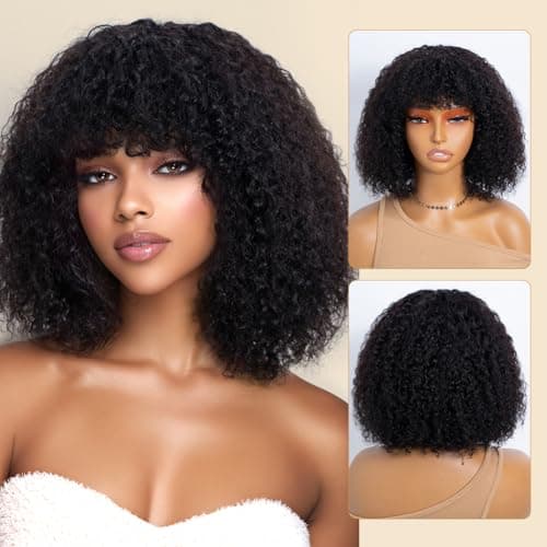 JOEDIR HAIR Human Hair Wig Afro Kinky Curly Fluffy Wig for Black Women Wear and Go Wig with Bangs Glueless Wigs 250% Density (Natural, 10 inch) - Image 1