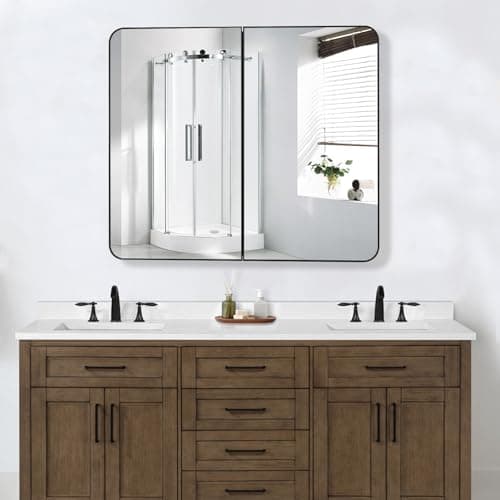 FOMAYKO Bathroom Medicine Cabinet with 30"x26" Black Stainless Steel Framed Mirror,Recessed or Surface Mounted Bathroom Mirror Cabinet,Storage Cabinet with Double Door - Thumbnail 6