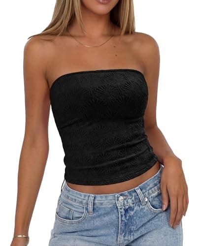 BTFBM Tube Tops for Women Floral Embroidery Summer Crop Top 2026 Strapless Going Out Y2K Beach Vacation Spring Clothes(Black, Medium) - Image 1