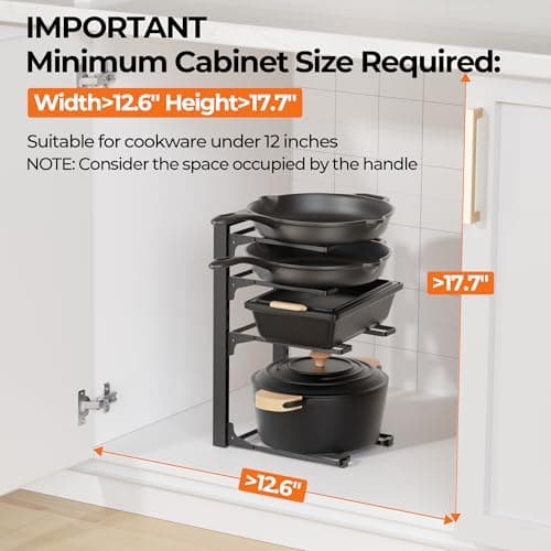 MUDEELA Pots and Pans Organizer under Cabinet 15.75" Tall, 4-Tier Heavy Duty Pan Organizers inside Cabinet Kitchen Storage, Adjustable Pot Rack Holds up to 88 LB Cast Iron Skillets Shallow Cookware - Thumbnail 2
