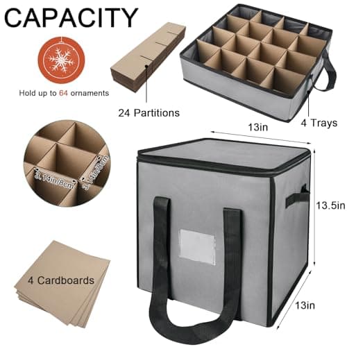 Christmas Ornament Storage Box with Dividers, Christmas Balls Storage Containers with Zipper & 4 Removable Trays - Holds Up to 64 Balls - 600D Oxford Christmas Decoration Storage Organizer (Gray) - Thumbnail 5